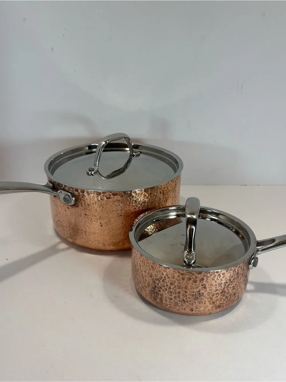 Lot Of 2 VTG French Style Hand Hammered Copper Saucepans Tin Lined 8”/5” W/Lids